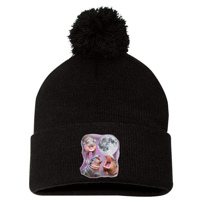 Moo Deng Three Moo Deng Moon Funny Hippo Pom Pom 12in Knit Beanie