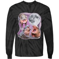 Moo Deng Three Moo Deng Moon Funny Hippo Tie-Dye Long Sleeve Shirt