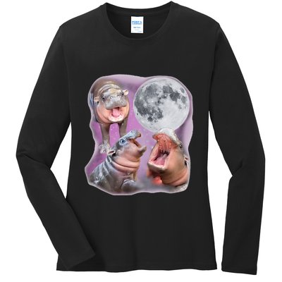 Moo Deng Three Moo Deng Moon Funny Hippo Ladies Long Sleeve Shirt