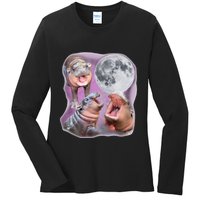 Moo Deng Three Moo Deng Moon Funny Hippo Ladies Long Sleeve Shirt