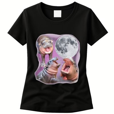 Moo Deng Three Moo Deng Moon Funny Hippo Womens T-Shirt