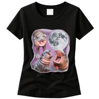 Moo Deng Three Moo Deng Moon Funny Hippo Womens T-Shirt