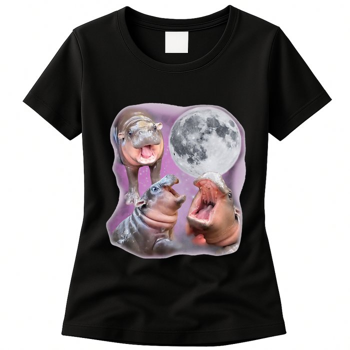 Moo Deng Three Moo Deng Moon Funny Hippo Womens T-Shirt