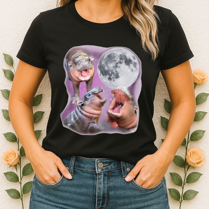 Moo Deng Three Moo Deng Moon Funny Hippo Womens T-Shirt