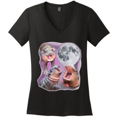 Moo Deng Three Moo Deng Moon Funny Hippo Women's V-Neck T-Shirt