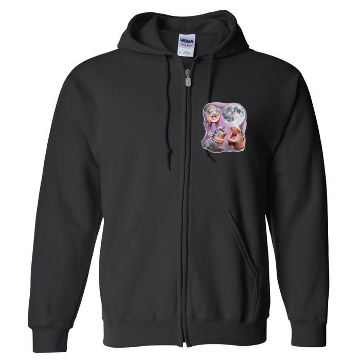 Moo Deng Three Moo Deng Moon Funny Hippo Full Zip Hoodie