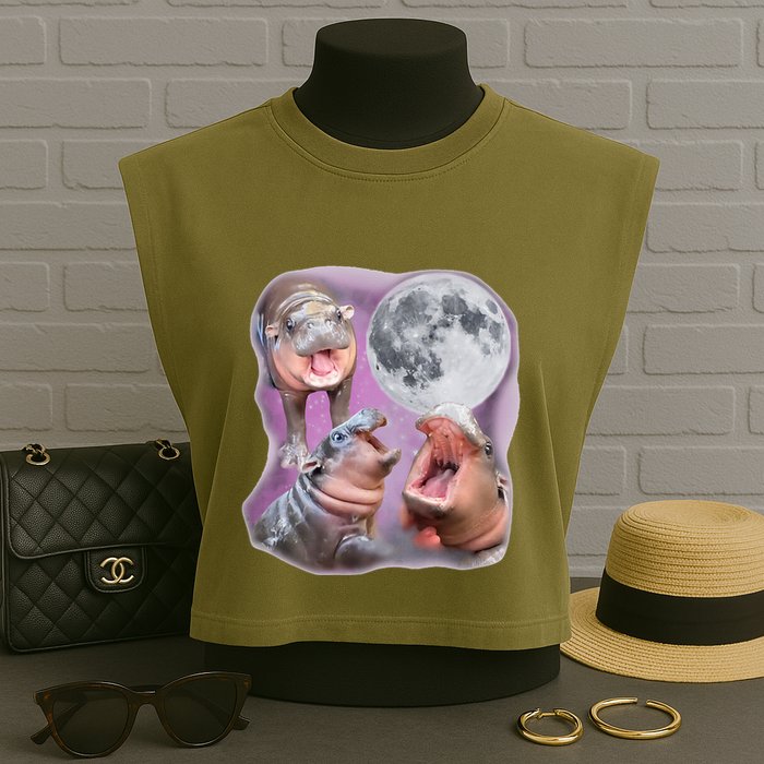 Moo Deng Three Moo Deng Moon Funny Hippo Garment-Dyed Women's Muscle Tee