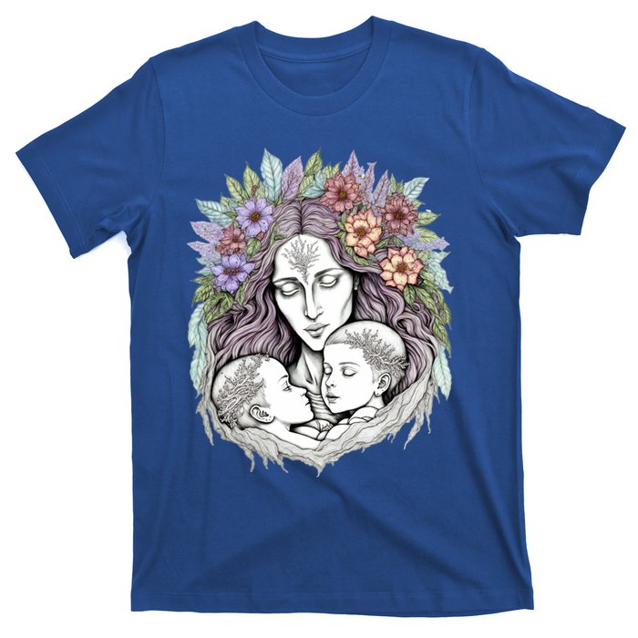 Mothers Day Twin Brothers Watercolor Design Cute Flowers Mom Gift T-Shirt