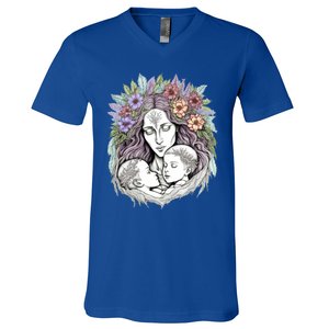 Mothers Day Twin Brothers Watercolor Design Cute Flowers Mom Gift V-Neck T-Shirt