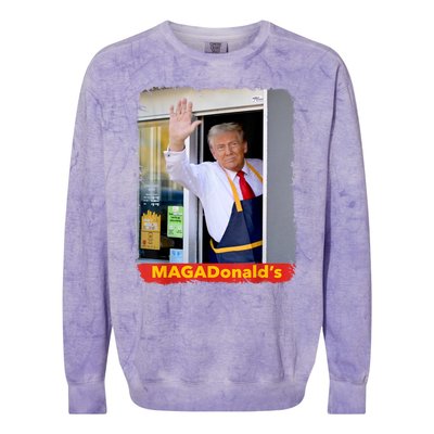 Maga Donalds Trump Serving French Fries Funny Trump Works Drive Thru Gift Colorblast Crewneck Sweatshirt