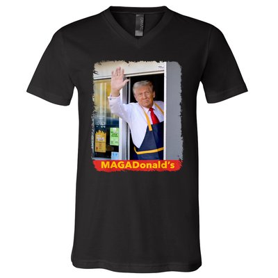 Maga Donalds Trump Serving French Fries Funny Trump Works Drive Thru Gift V-Neck T-Shirt