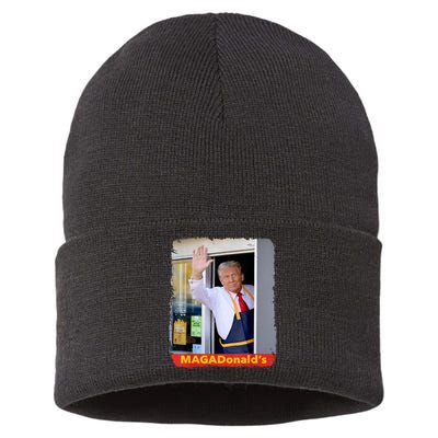 Maga Donalds Trump Serving French Fries Funny Trump Works Drive Thru Gift Sustainable Knit Beanie