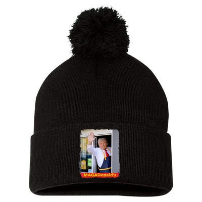 Maga Donalds Trump Serving French Fries Funny Trump Works Drive Thru Gift Pom Pom 12in Knit Beanie