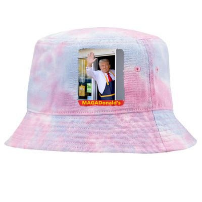 Maga Donalds Trump Serving French Fries Funny Trump Works Drive Thru Gift Tie-Dyed Bucket Hat