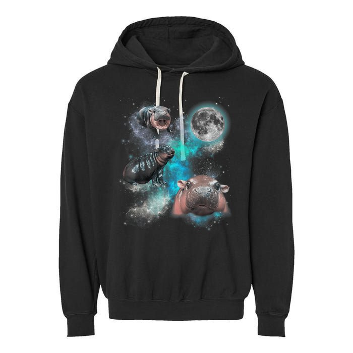 Moo Deng Three Moo Deng Moon Funny Hippo Universe Galaxy Garment-Dyed Fleece Hoodie