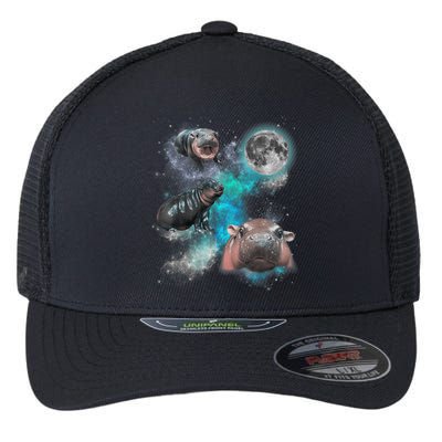 Moo Deng Three Moo Deng Moon Funny Hippo Universe Galaxy Flexfit Unipanel Trucker Cap