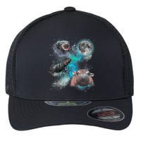 Moo Deng Three Moo Deng Moon Funny Hippo Universe Galaxy Flexfit Unipanel Trucker Cap