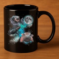 Moo Deng Three Moo Deng Moon Funny Hippo Universe Galaxy 11oz C Handle Ceramic Mug