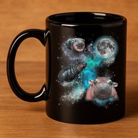 Moo Deng Three Moo Deng Moon Funny Hippo Universe Galaxy 11oz C Handle Ceramic Mug
