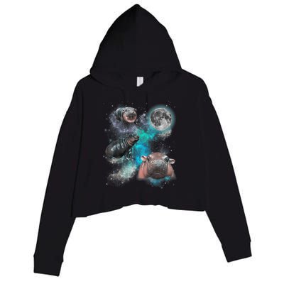 Moo Deng Three Moo Deng Moon Funny Hippo Universe Galaxy Crop Fleece Hoodie