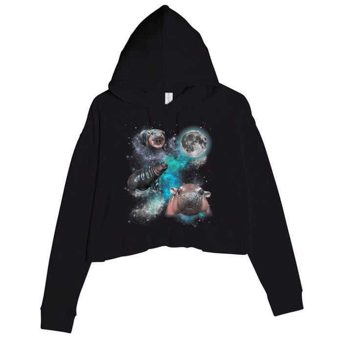 Moo Deng Three Moo Deng Moon Funny Hippo Universe Galaxy Crop Fleece Hoodie