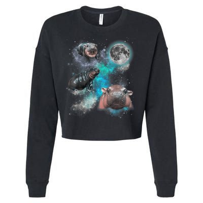 Moo Deng Three Moo Deng Moon Funny Hippo Universe Galaxy Cropped Pullover Crew
