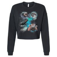 Moo Deng Three Moo Deng Moon Funny Hippo Universe Galaxy Cropped Pullover Crew