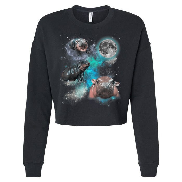 Moo Deng Three Moo Deng Moon Funny Hippo Universe Galaxy Cropped Pullover Crew