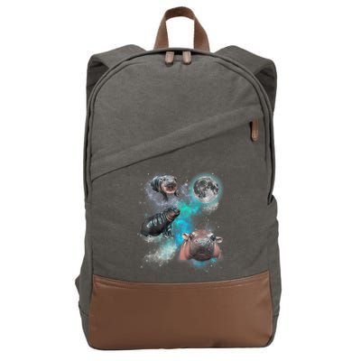 Moo Deng Three Moo Deng Moon Funny Hippo Universe Galaxy Cotton Canvas Backpack