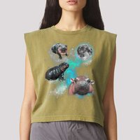 Moo Deng Three Moo Deng Moon Funny Hippo Universe Galaxy Garment-Dyed Women's Muscle Tee