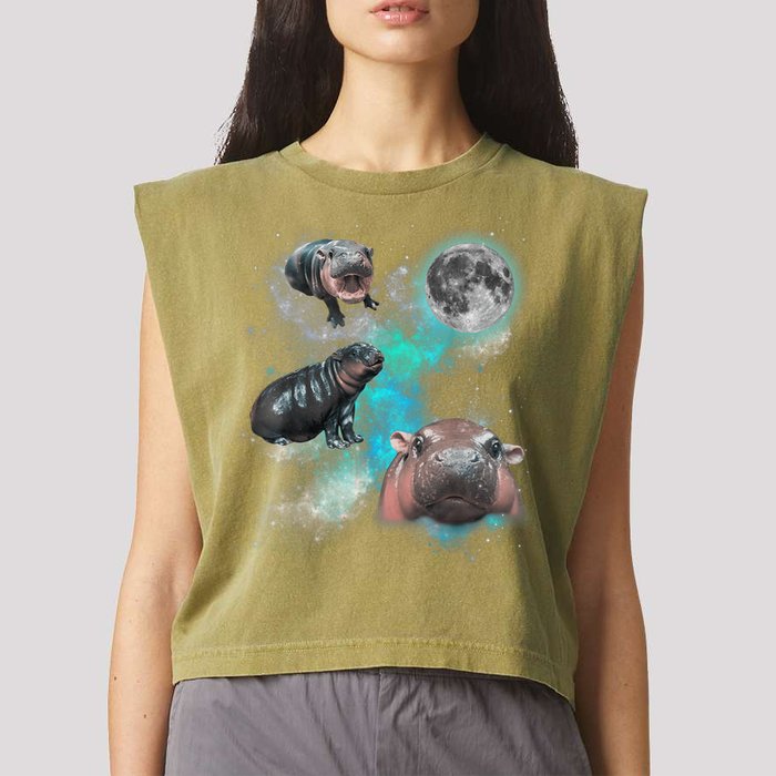 Moo Deng Three Moo Deng Moon Funny Hippo Universe Galaxy Garment-Dyed Women's Muscle Tee