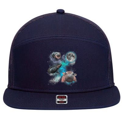 Moo Deng Three Moo Deng Moon Funny Hippo Universe Galaxy 7 Panel Mesh Trucker Snapback Hat