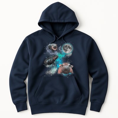Moo Deng Three Moo Deng Moon Funny Hippo Universe Galaxy Hoodie
