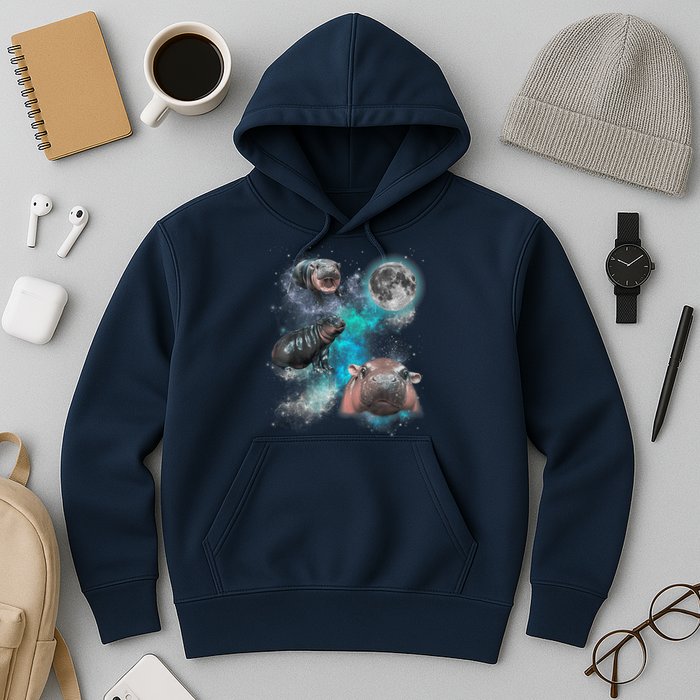 Moo Deng Three Moo Deng Moon Funny Hippo Universe Galaxy Hoodie