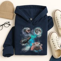 Moo Deng Three Moo Deng Moon Funny Hippo Universe Galaxy Hoodie