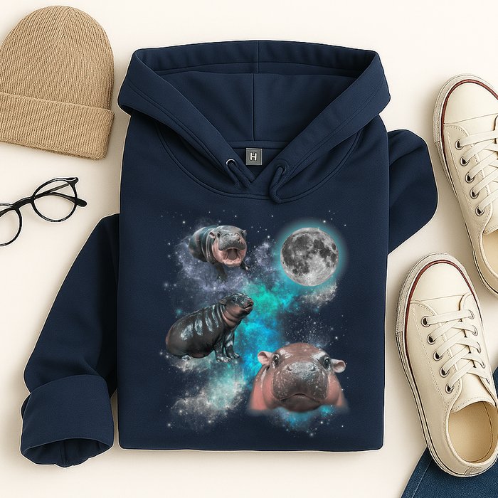 Moo Deng Three Moo Deng Moon Funny Hippo Universe Galaxy Hoodie