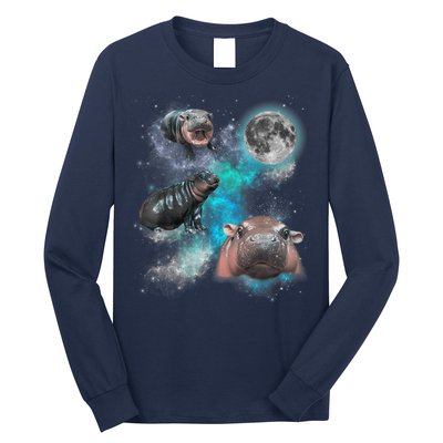 Moo Deng Three Moo Deng Moon Funny Hippo Universe Galaxy Long Sleeve Shirt
