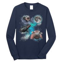 Moo Deng Three Moo Deng Moon Funny Hippo Universe Galaxy Long Sleeve Shirt