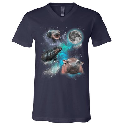 Moo Deng Three Moo Deng Moon Funny Hippo Universe Galaxy V-Neck T-Shirt