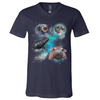Moo Deng Three Moo Deng Moon Funny Hippo Universe Galaxy V-Neck T-Shirt