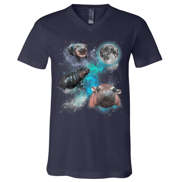 Moo Deng Three Moo Deng Moon Funny Hippo Universe Galaxy V-Neck T-Shirt