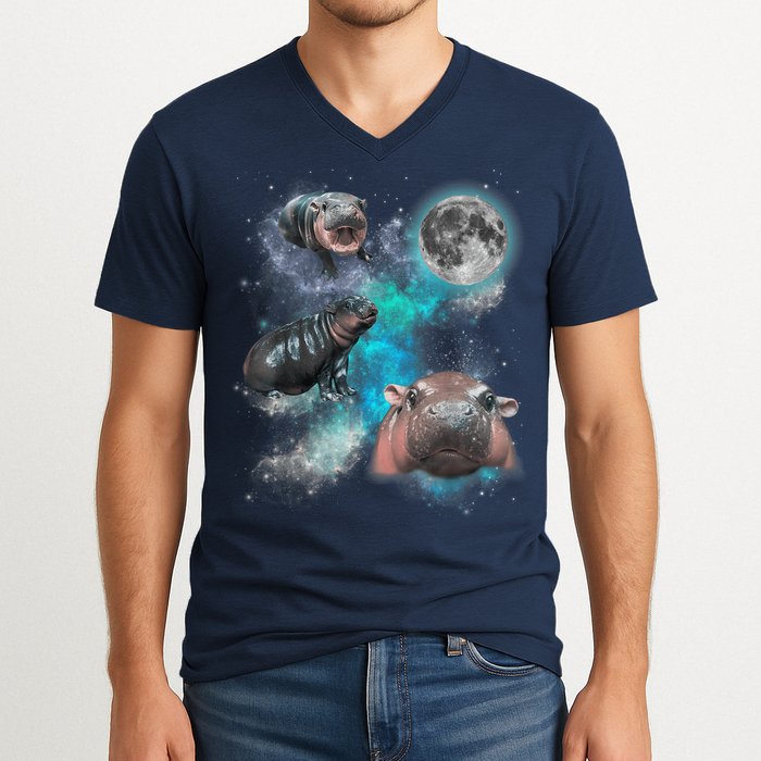Moo Deng Three Moo Deng Moon Funny Hippo Universe Galaxy V-Neck T-Shirt