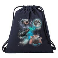 Moo Deng Three Moo Deng Moon Funny Hippo Universe Galaxy Drawstring Bag