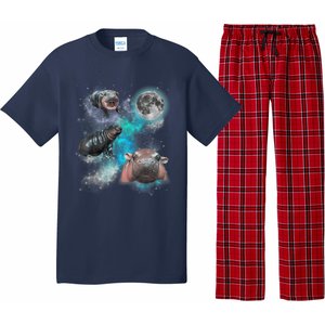 Moo Deng Three Moo Deng Moon Funny Hippo Universe Galaxy Pajama Set