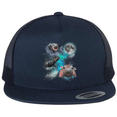 Moo Deng Three Moo Deng Moon Funny Hippo Universe Galaxy Flat Bill Trucker Hat