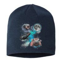 Moo Deng Three Moo Deng Moon Funny Hippo Universe Galaxy Sustainable Beanie