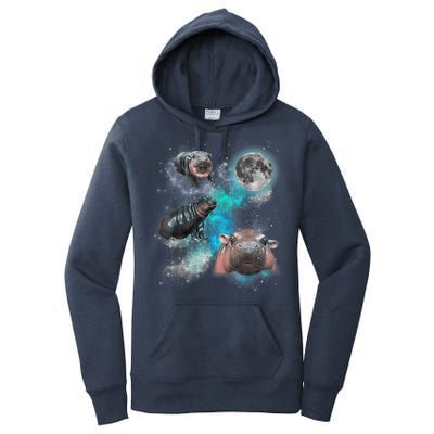 Moo Deng Three Moo Deng Moon Funny Hippo Universe Galaxy Women's Pullover Hoodie