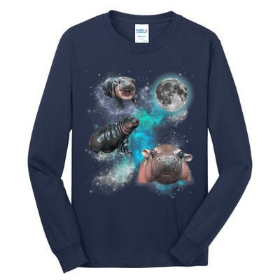 Moo Deng Three Moo Deng Moon Funny Hippo Universe Galaxy Tall Long Sleeve T-Shirt