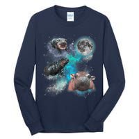 Moo Deng Three Moo Deng Moon Funny Hippo Universe Galaxy Tall Long Sleeve T-Shirt