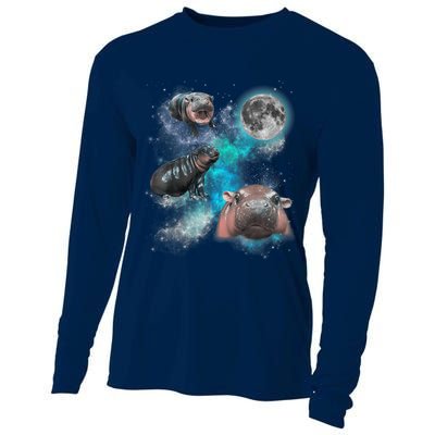 Moo Deng Three Moo Deng Moon Funny Hippo Universe Galaxy Cooling Performance Long Sleeve Crew